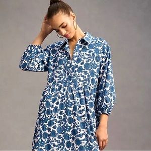 Anthropologie The Bettina Tiered Shirt Dress by Maeve Blue Roses colorway